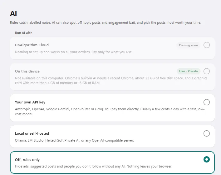 UnAlgorithm's AI settings: UnAlgorithm Cloud (coming soon), On this device, Your own API key, Local or self-hosted, and Off, rules only, selected.
